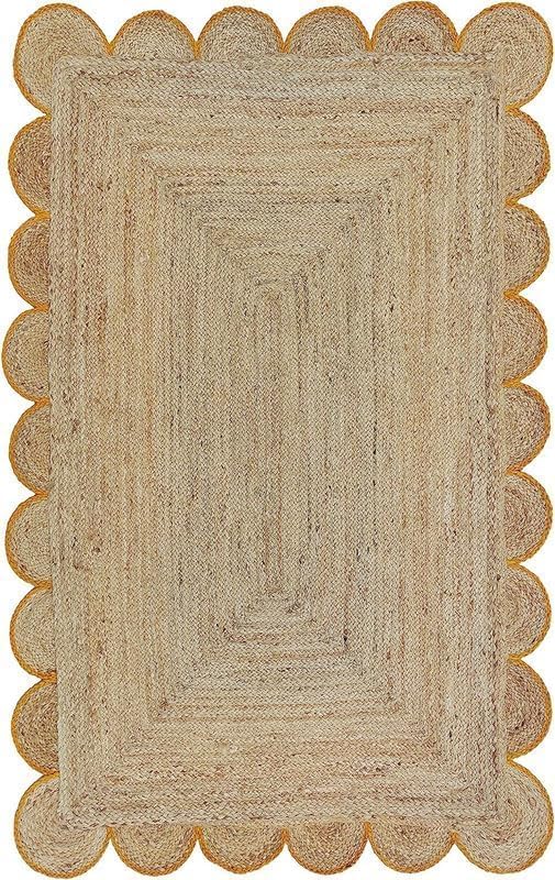 Handwoven Jute Rug – Scalloped Edge Rectangular Braided Decorative Rug