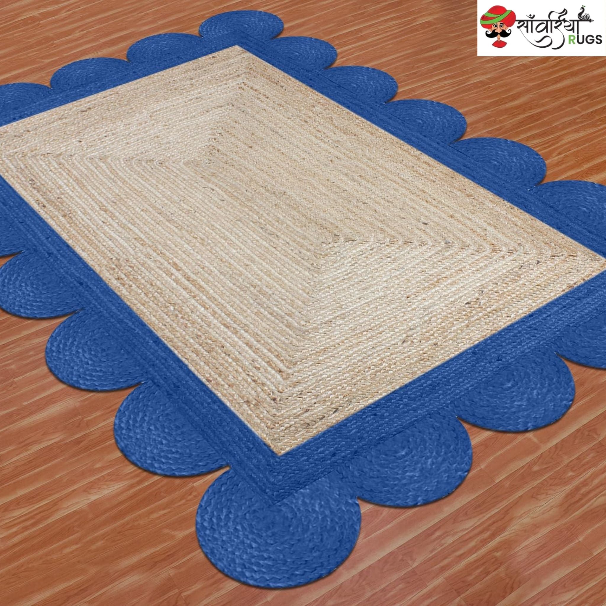 Braided Scalloped Edge Jute Rug – Natural Beige with Multicolor Border