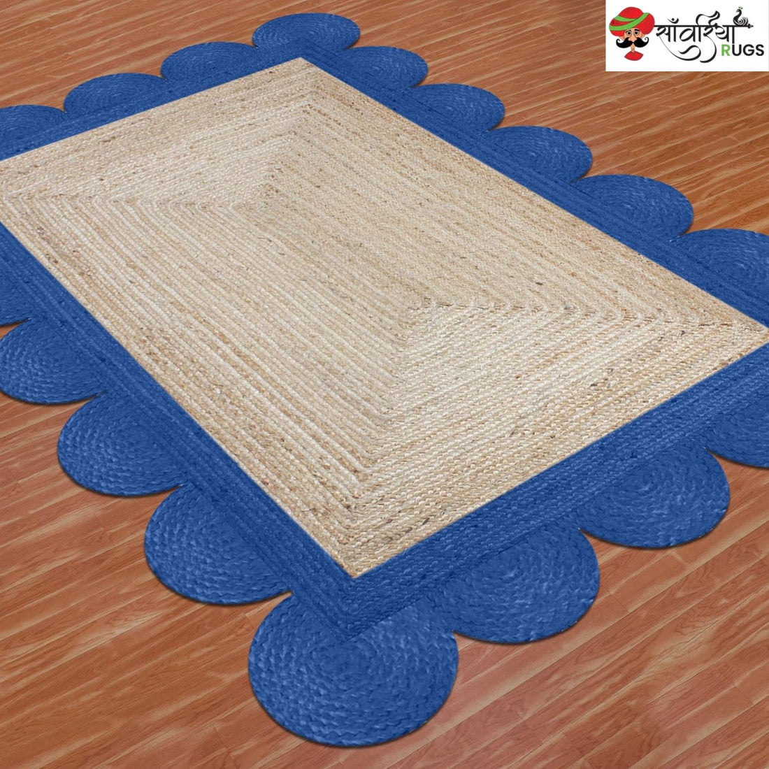 Braided Scalloped Edge Jute Rug – Natural Beige with Multicolor Border