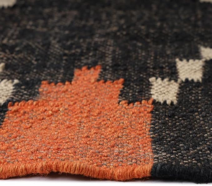 Handwoven Kilim Wool Jute Rug Geometric Pattern, Non-Slip, Versatile for Living, Bedroom & Kids Room