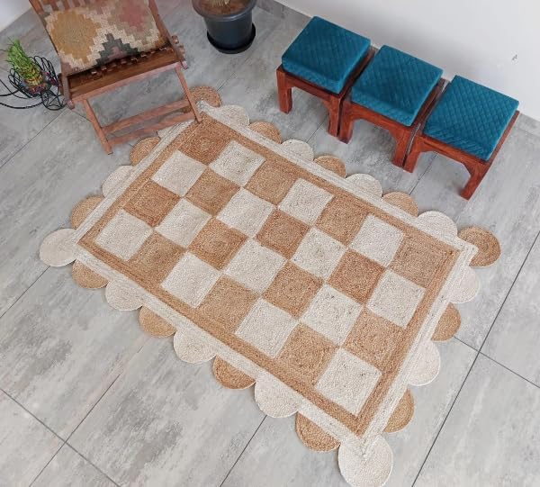 Handmade Jute Scalloped Area Rug – Bohemian Braided Rug for Home Décor, Custom Size Textured Rug