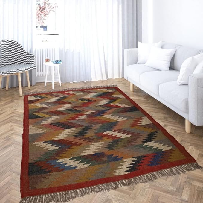 Handwoven Kilim Wool Jute Rug Geometric Pattern, Non-Slip, Versatile for Living, Bedroom & Kids Room