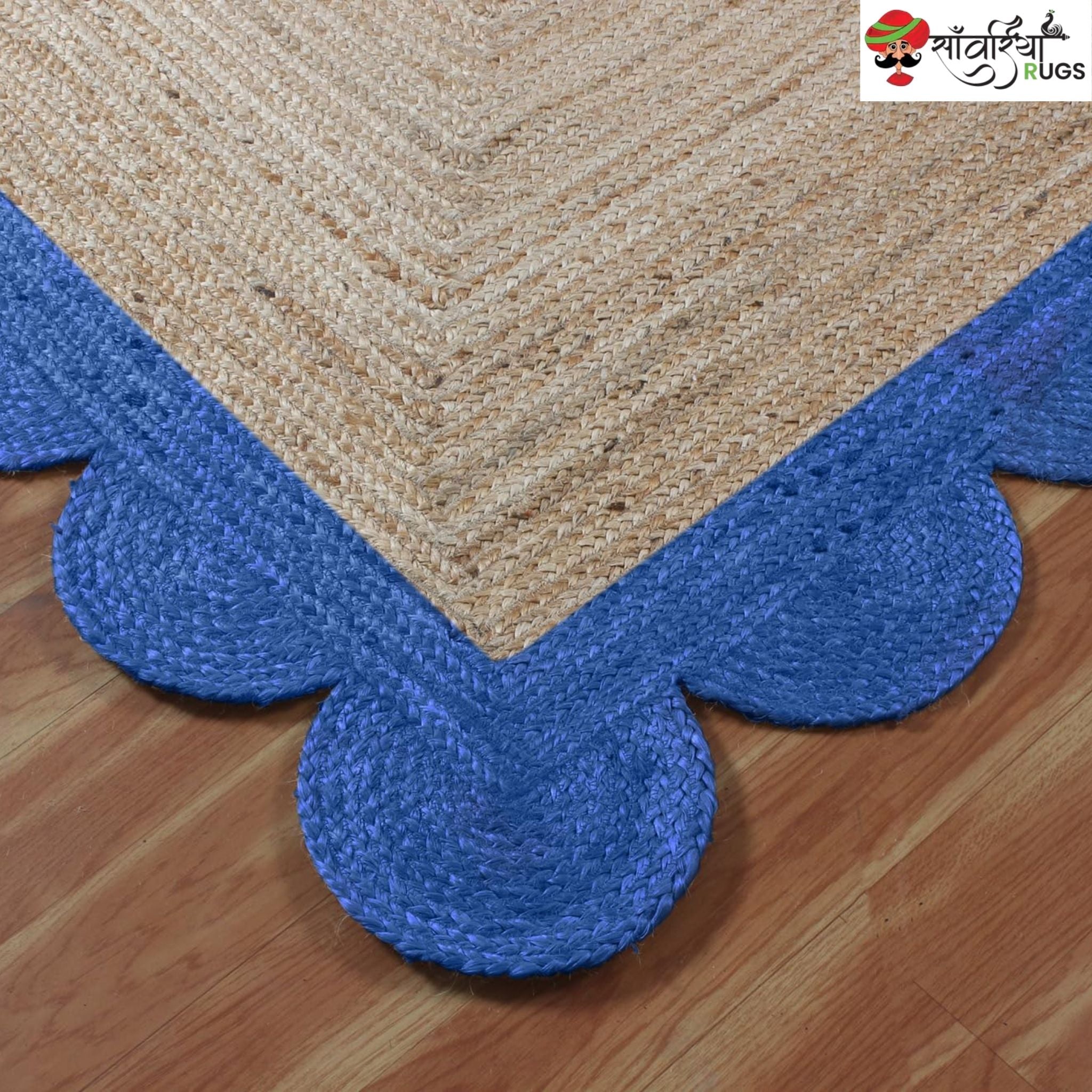 Braided Scalloped Edge Jute Rug – Natural Beige with Multicolor Border