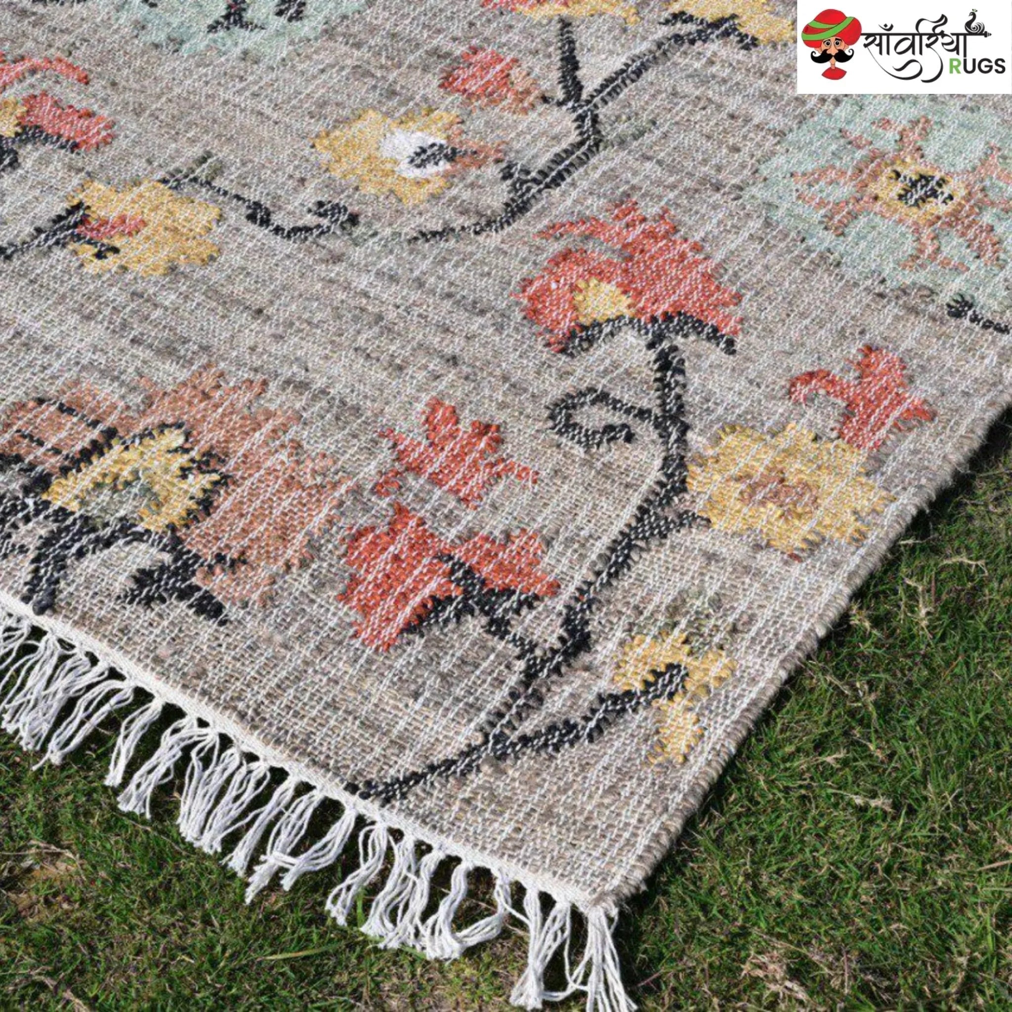 Handmade Floral Pattern Jute Cotton Boho Rug