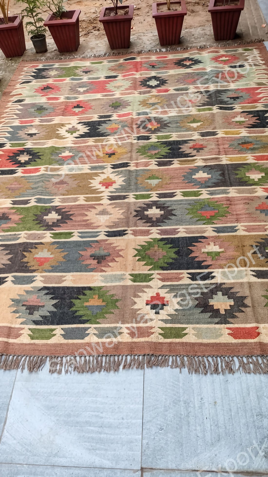 a large, colorful, and intricately designed rug with a geometric pattern, placed on a tiled floor. The rug has a fringe at the bottom, adding to its decorative appeal. In the background, there are several potted plants, which contribute to the overall aesthetic of the space.