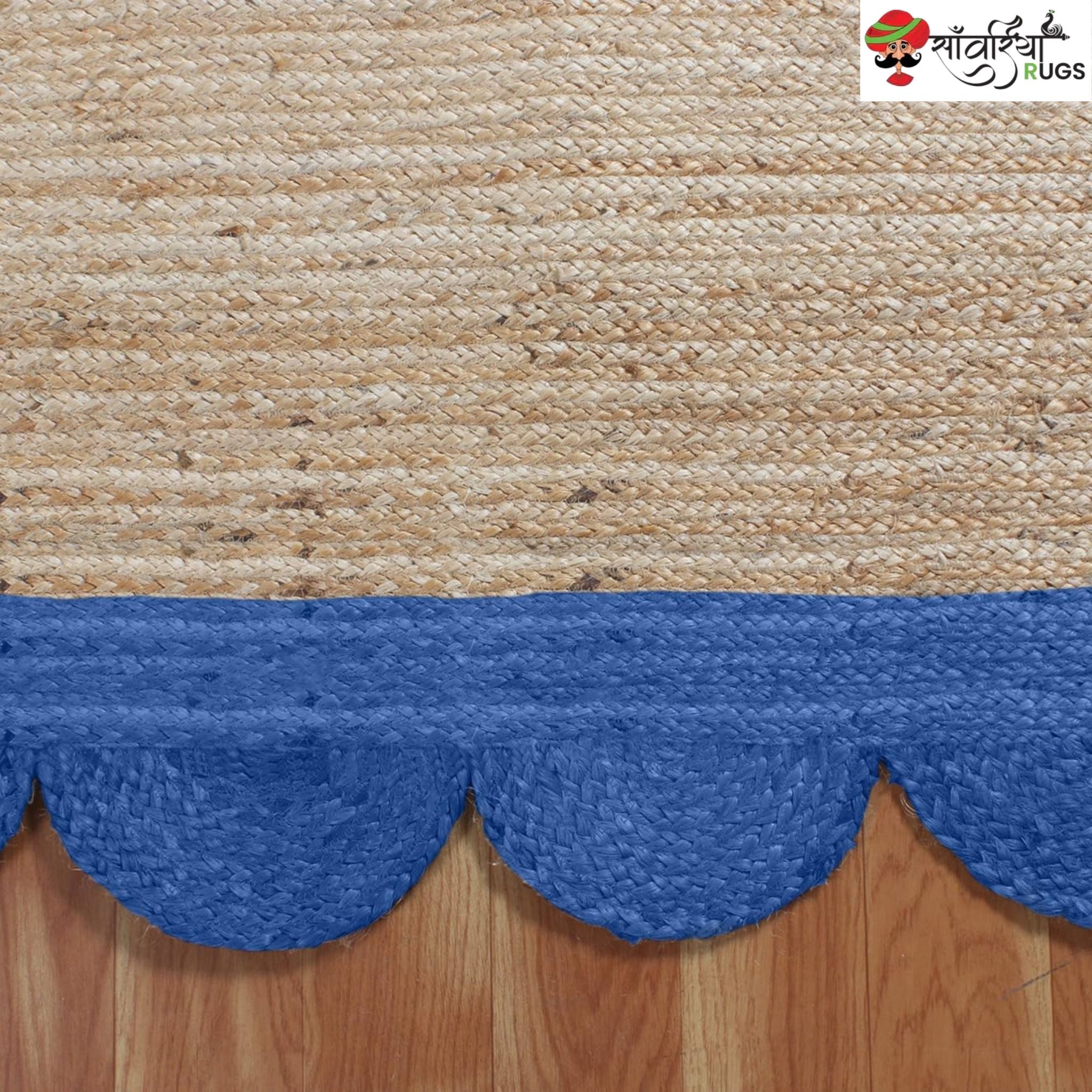 Braided Scalloped Edge Jute Rug – Natural Beige with Multicolor Border