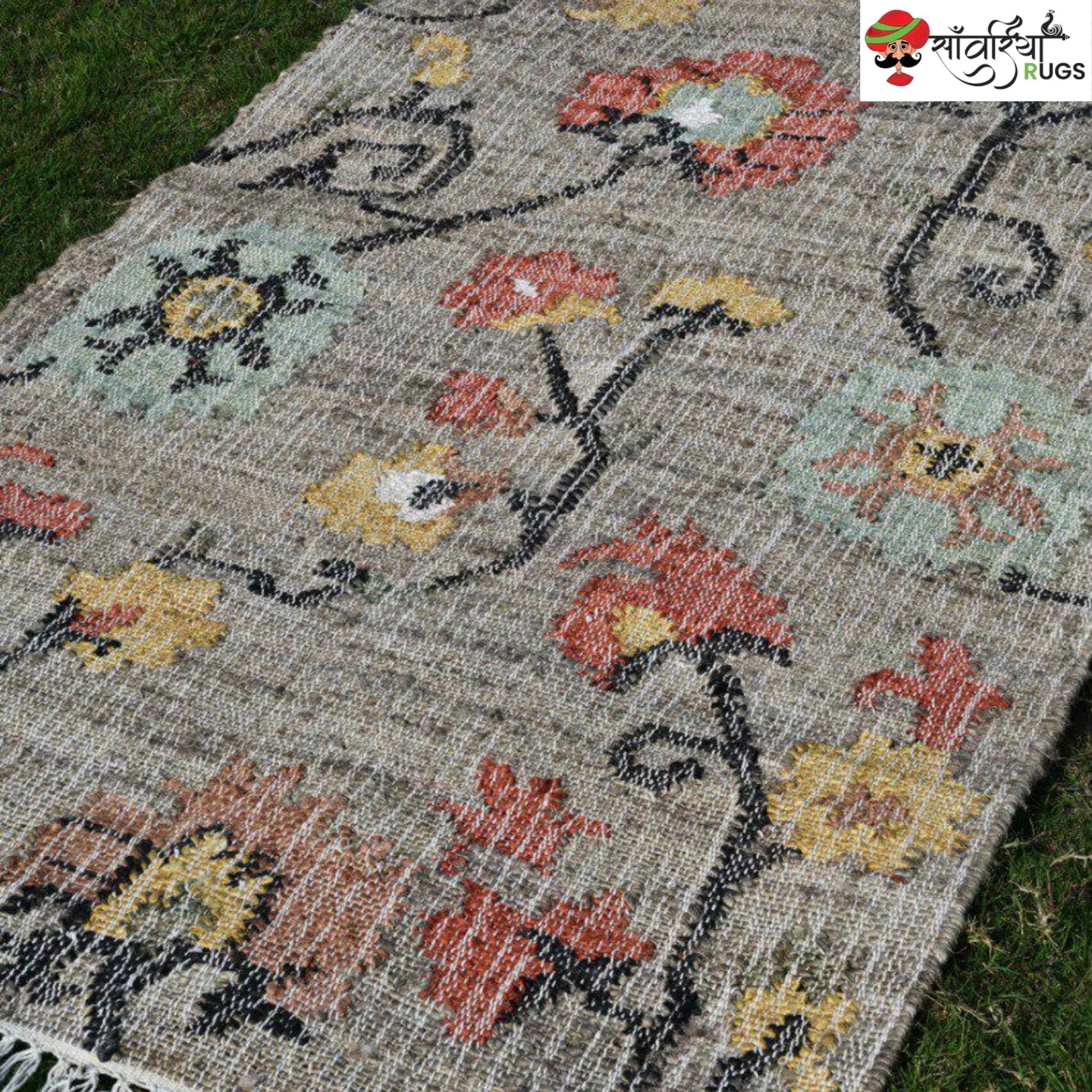 Handmade Floral Pattern Jute Cotton Boho Rug