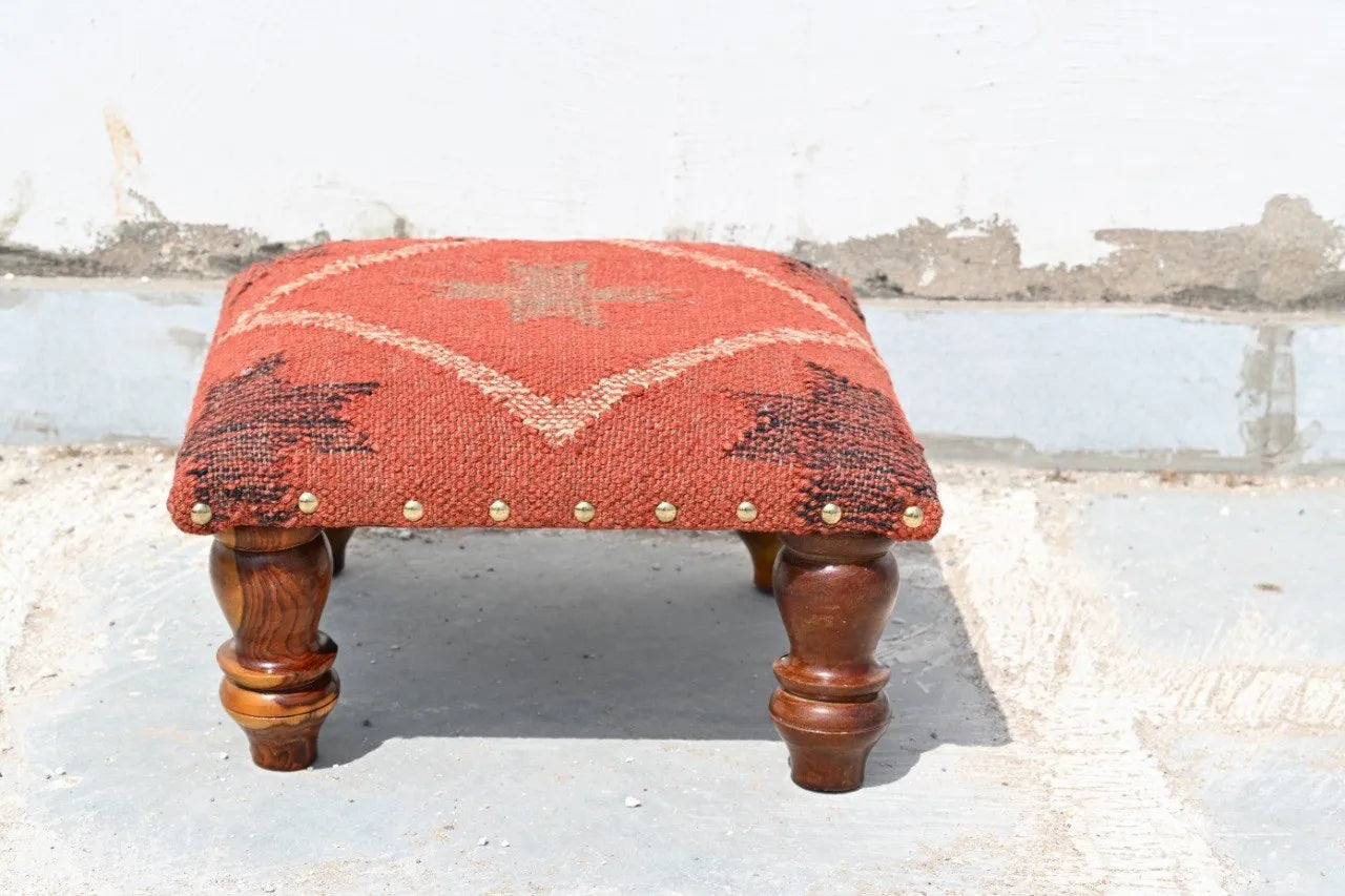 Handmade Terracotta Red Kilim Ottoman Footstool | Wool Jute Upholstered Tribal Accent Stool with Solid Wooden Legs