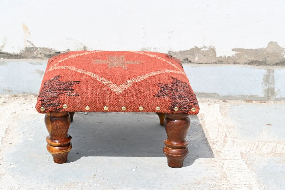 Handmade Terracotta Red Kilim Ottoman Footstool | Wool Jute Upholstered Tribal Accent Stool with Solid Wooden Legs