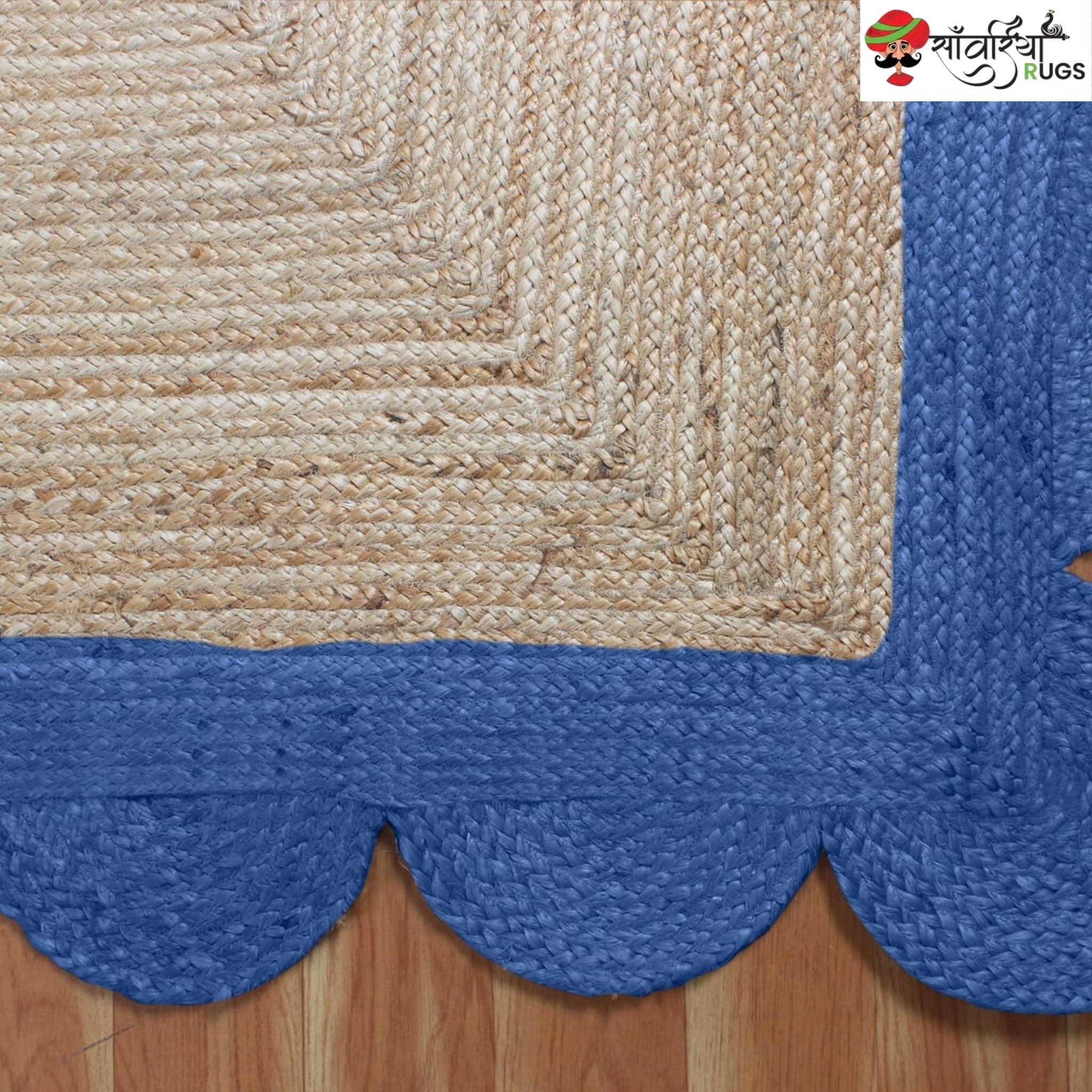 Braided Scalloped Edge Jute Rug – Natural Beige with Multicolor Border
