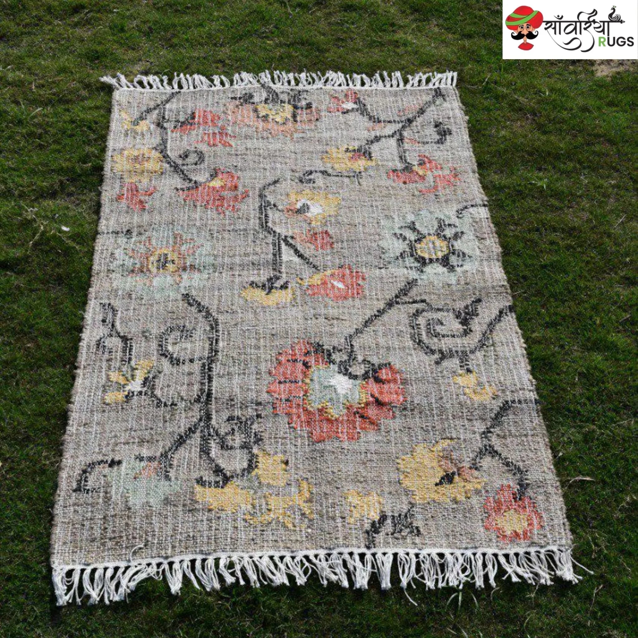 Handmade Floral Pattern Jute Cotton Boho Rug