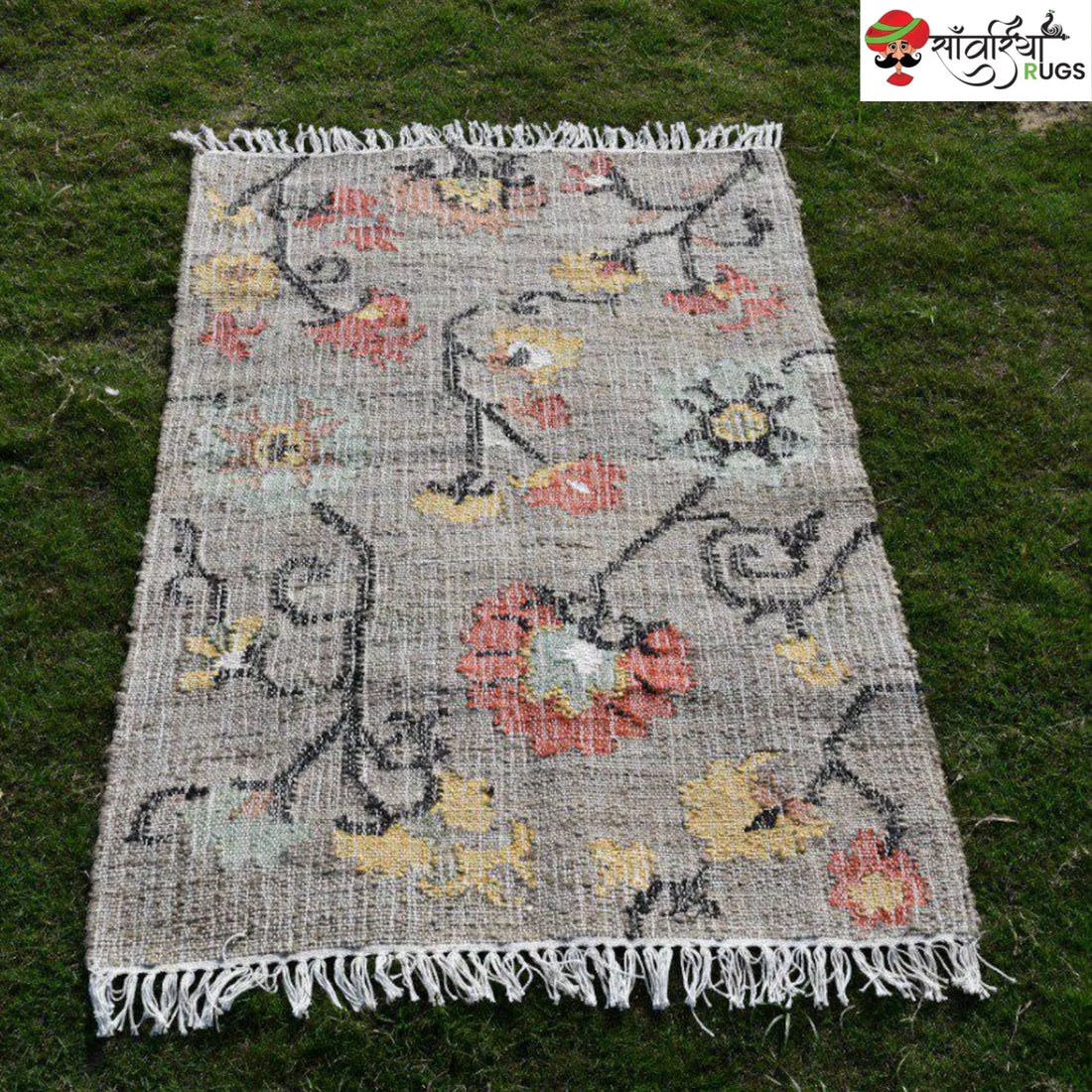 Handmade Floral Pattern Jute Cotton Boho Rug
