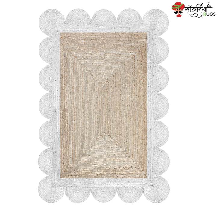 Braided Scalloped Edge Jute Rug – Natural Beige with Multicolor Border