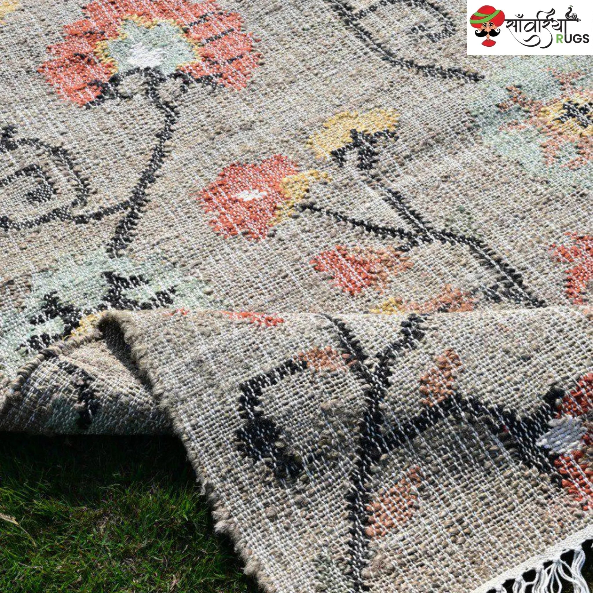 Handmade Floral Pattern Jute Cotton Boho Rug
