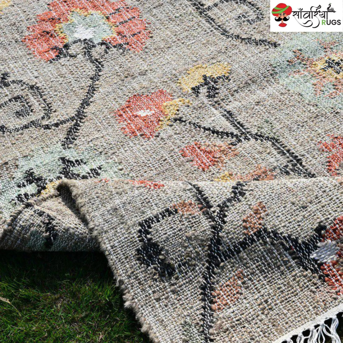 Handmade Floral Pattern Jute Cotton Boho Rug