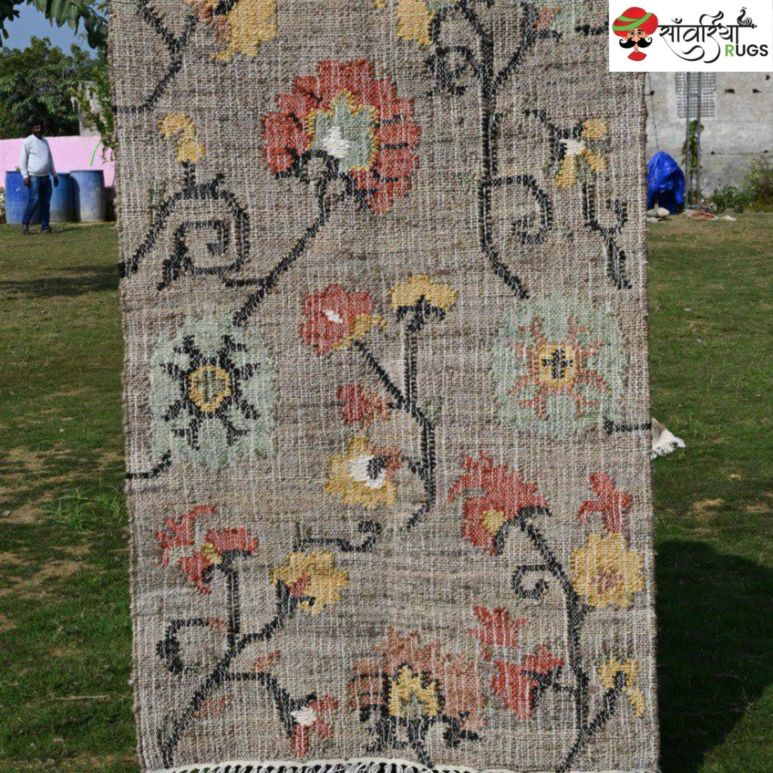 Handmade Floral Pattern Jute Cotton Boho Rug