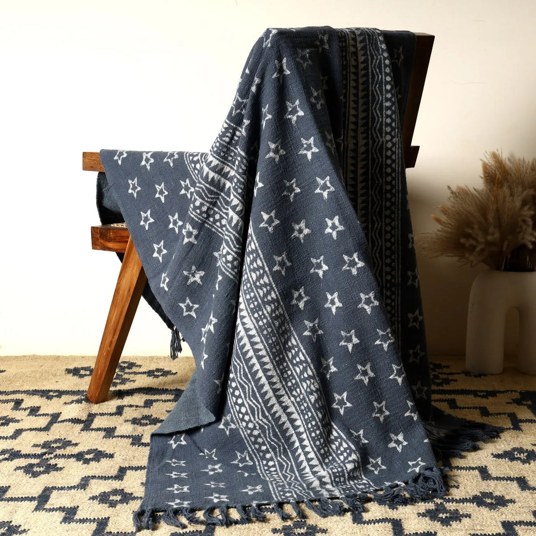 Indigo Star Pattern Cotton Throw Blanket 50x70 | Sanwariya Rugs