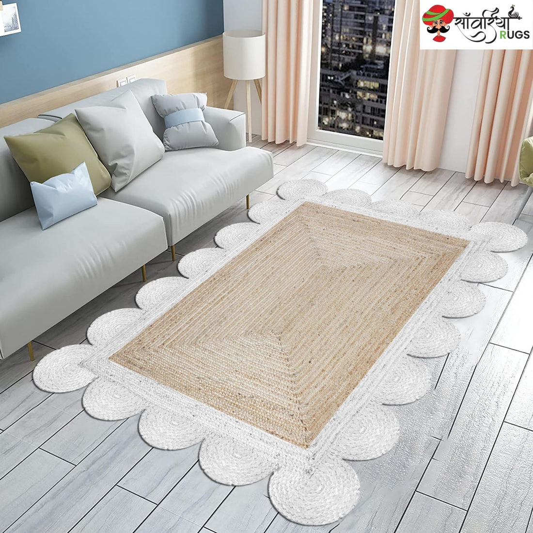 Braided Scalloped Edge Jute Rug – Natural Beige with Multicolor Border
