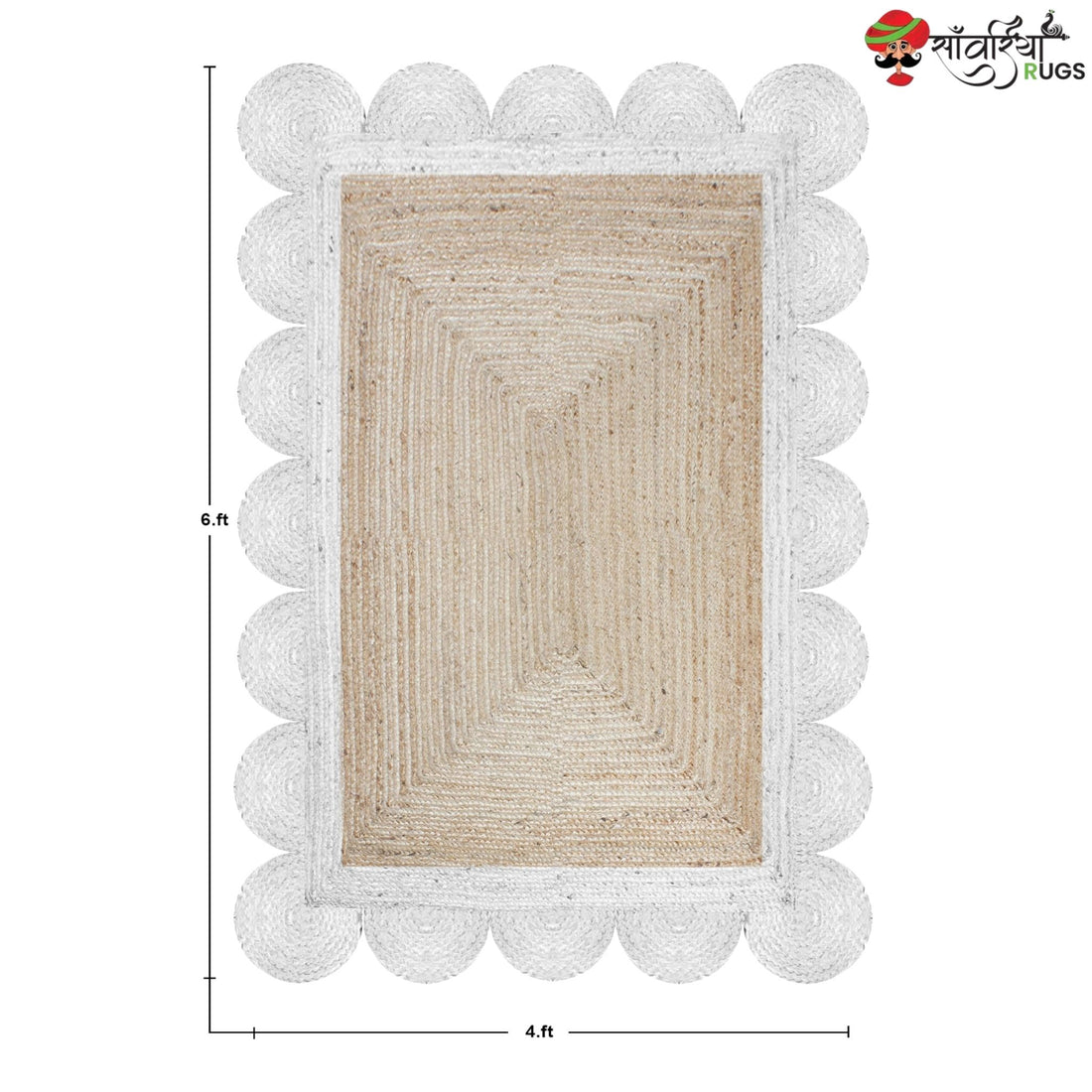 Braided Scalloped Edge Jute Rug – Natural Beige with Multicolor Border