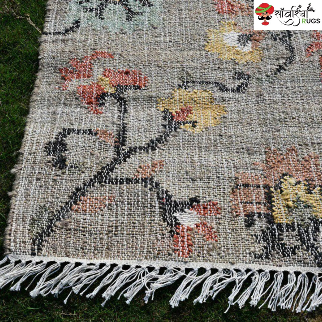 Handmade Floral Pattern Jute Cotton Boho Rug
