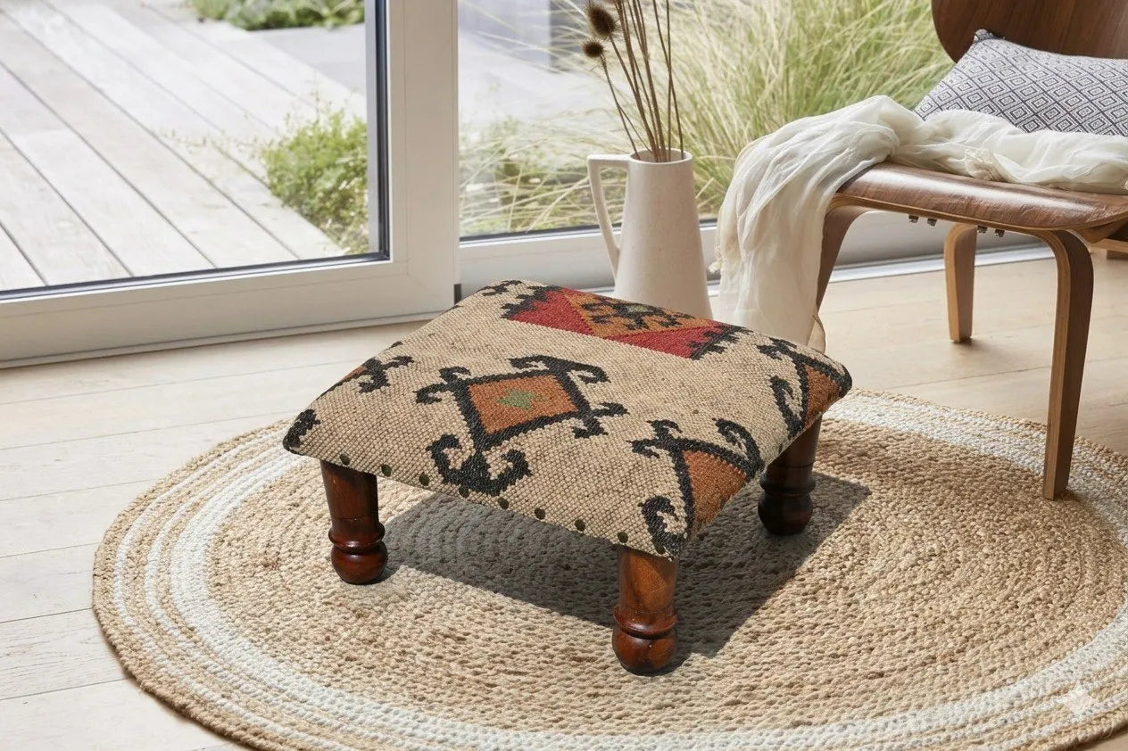 Handmade Tribal Kilim Ottoman Footstool | Wool Jute Upholstered Accent Stool with Rustic Geometric Pattern & Solid Wooden Legs