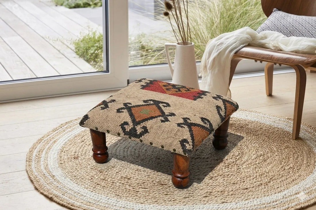 Handmade Tribal Kilim Ottoman Footstool | Wool Jute Upholstered Accent Stool with Rustic Geometric Pattern & Solid Wooden Legs