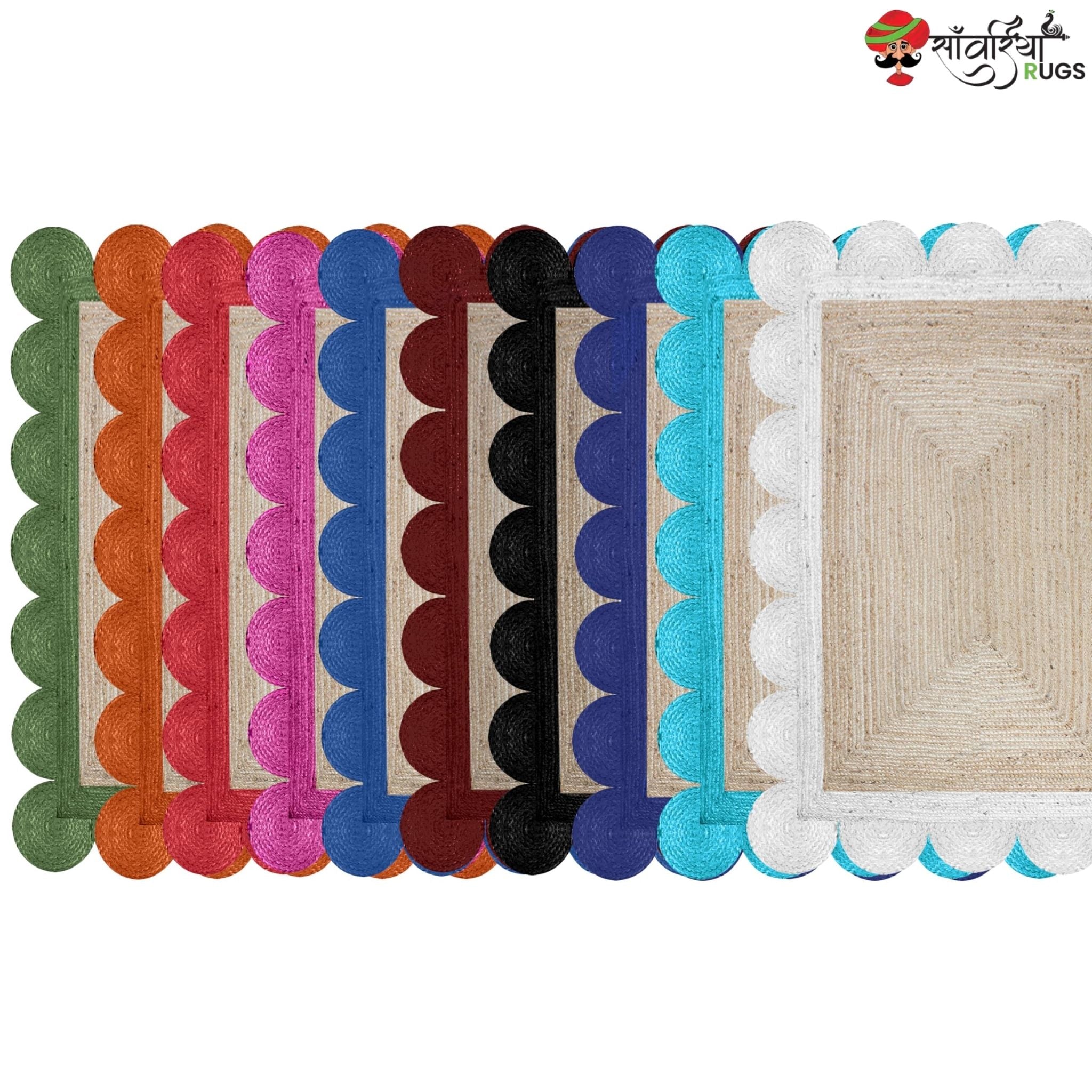 Braided Scalloped Edge Jute Rug – Natural Beige with Multicolor Border