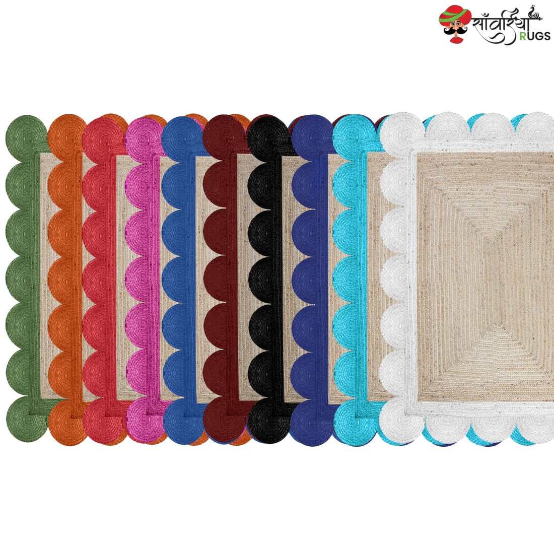 Braided Scalloped Edge Jute Rug – Natural Beige with Multicolor Border
