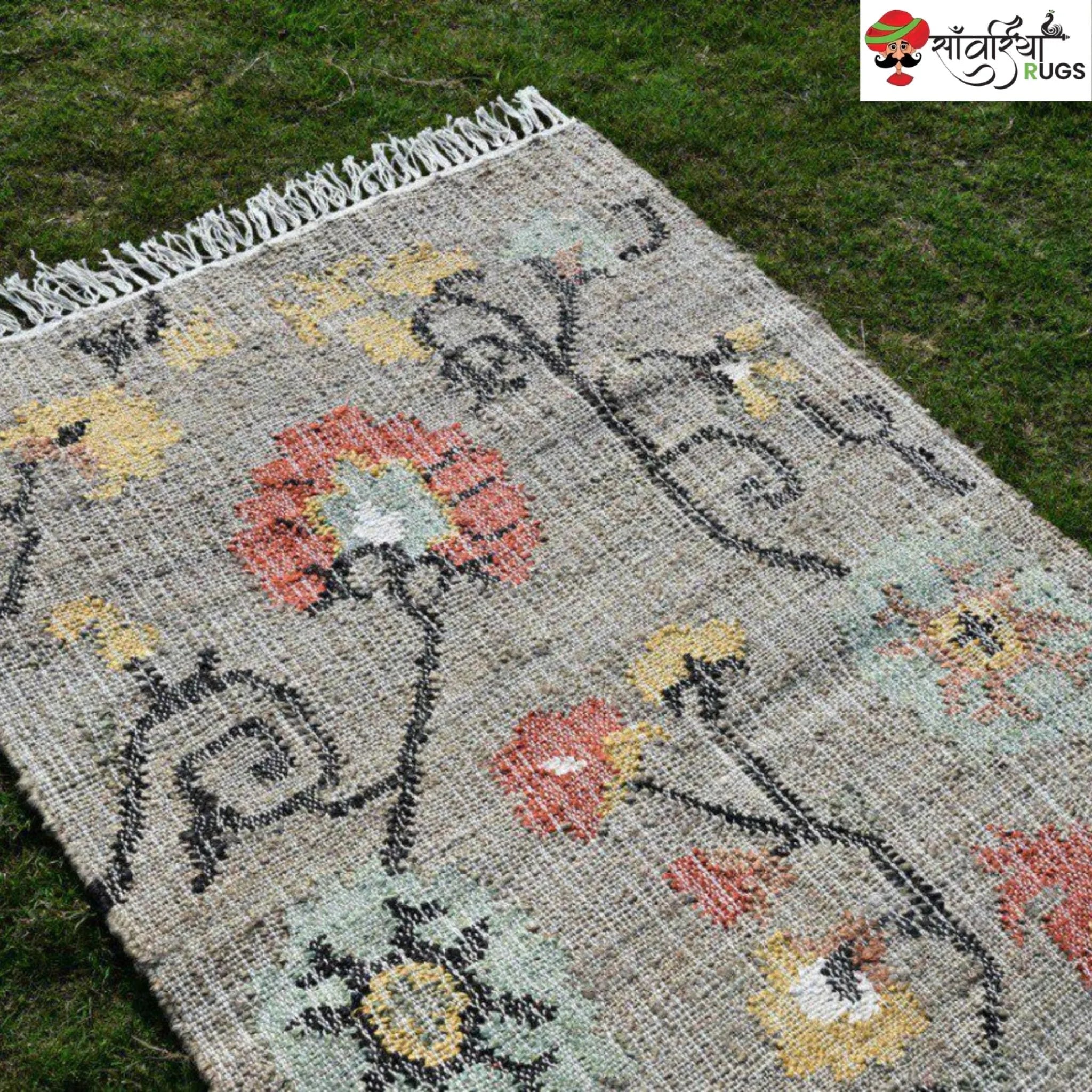 Handmade Floral Pattern Jute Cotton Boho Rug