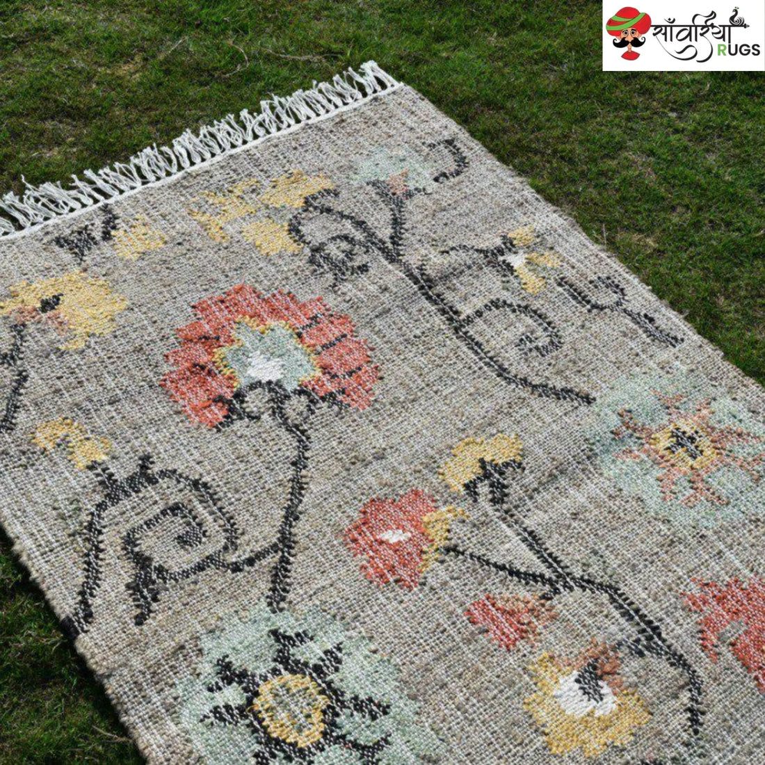 Handmade Floral Pattern Jute Cotton Boho Rug
