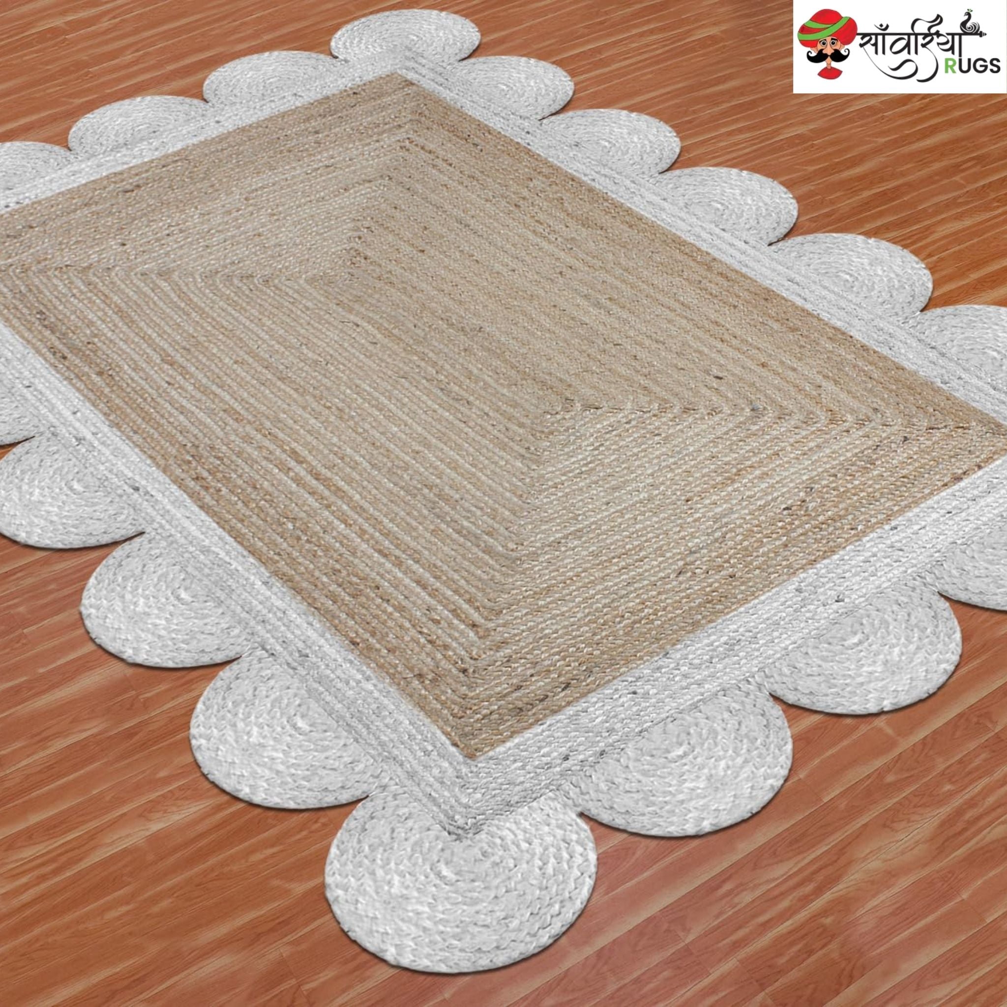 Braided Scalloped Edge Jute Rug – Natural Beige with Multicolor Border