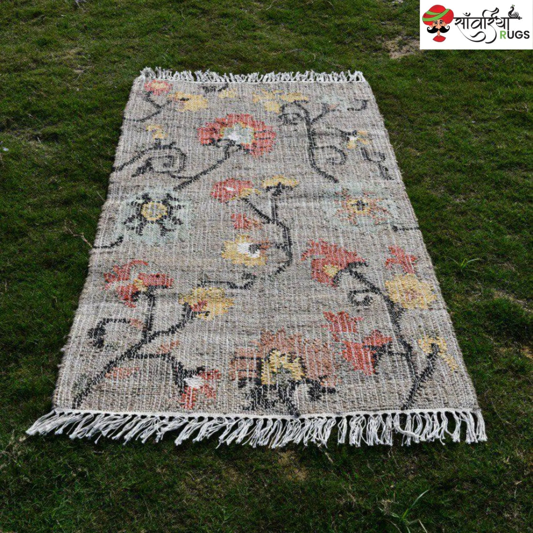 Handmade Floral Pattern Jute Cotton Boho Rug