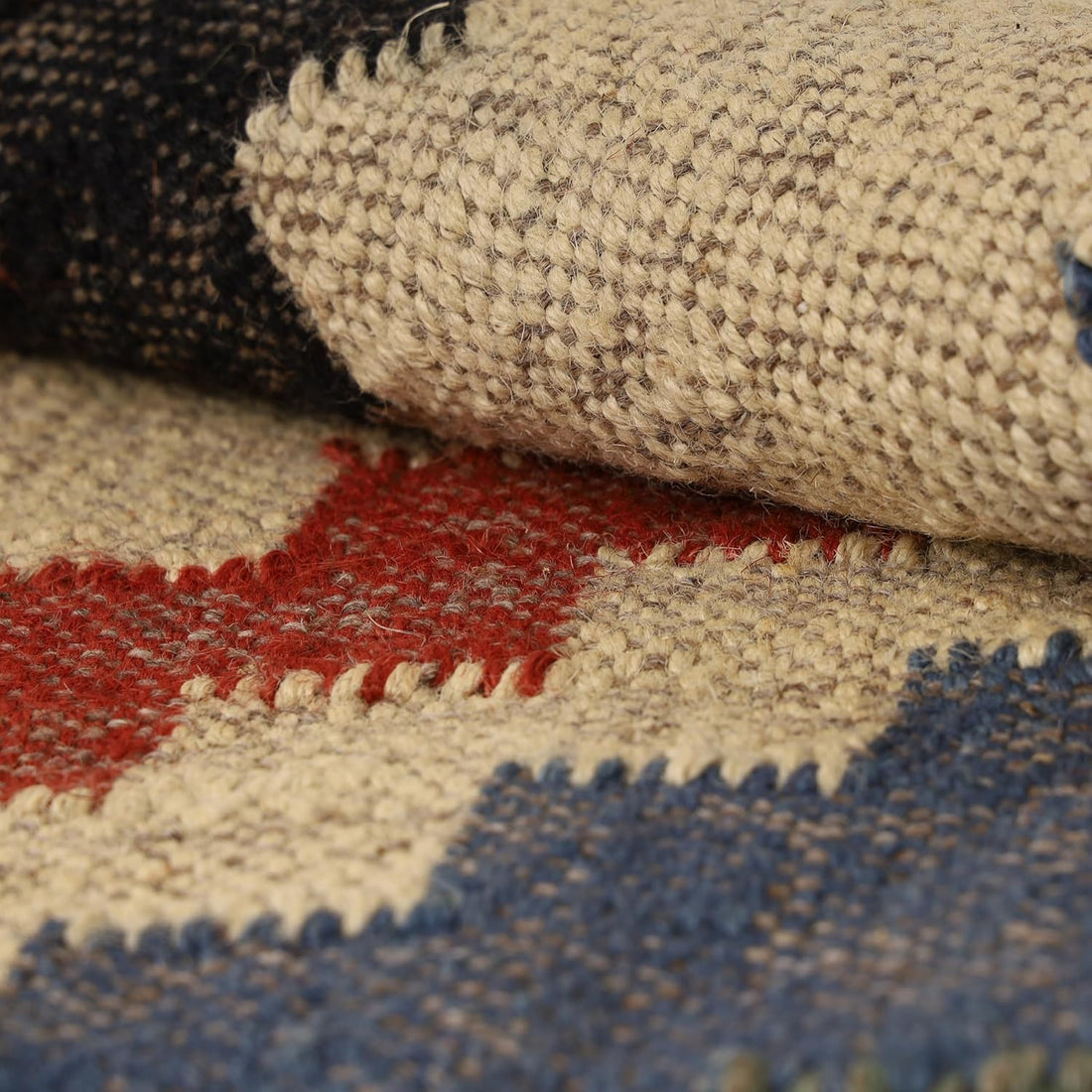 Handwoven Kilim Wool Jute Rug Geometric Pattern, Non-Slip, Versatile for Living, Bedroom & Kids Room