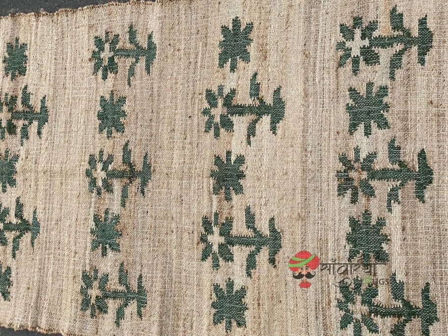 Rustic Natural Jute Flatweave Rug with Green Floral Motifs | Handwoven Eco Floor Accent for Hallway & Living Spaces