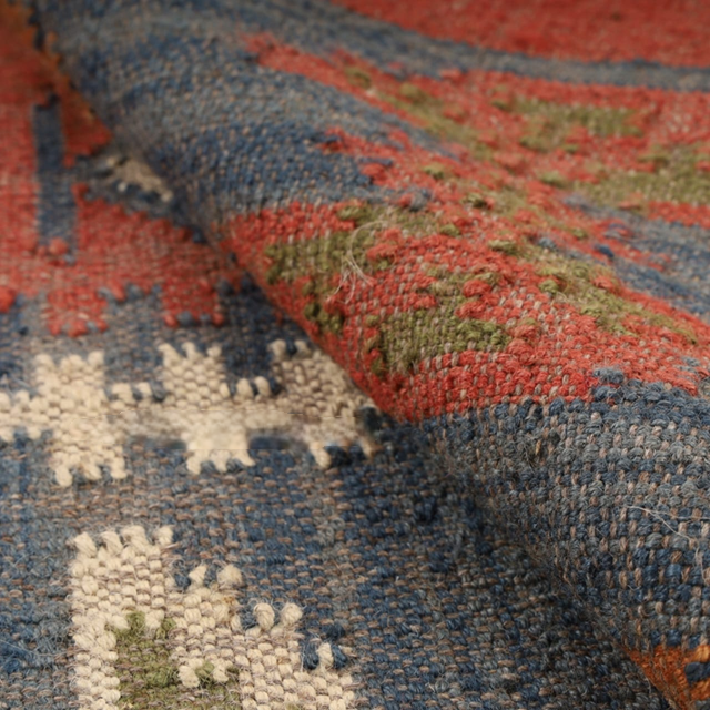 Traditional Rajasthani Wool Jute Kilim Rug – Handwoven Tribal Geometric Pattern in Rust, Mustard & Indigo