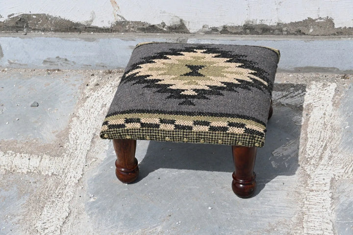 Handmade Sage Green Kilim Ottoman Footstool | Wool Jute Upholstered Tribal Accent Stool with Solid Wooden Legs for Living Room