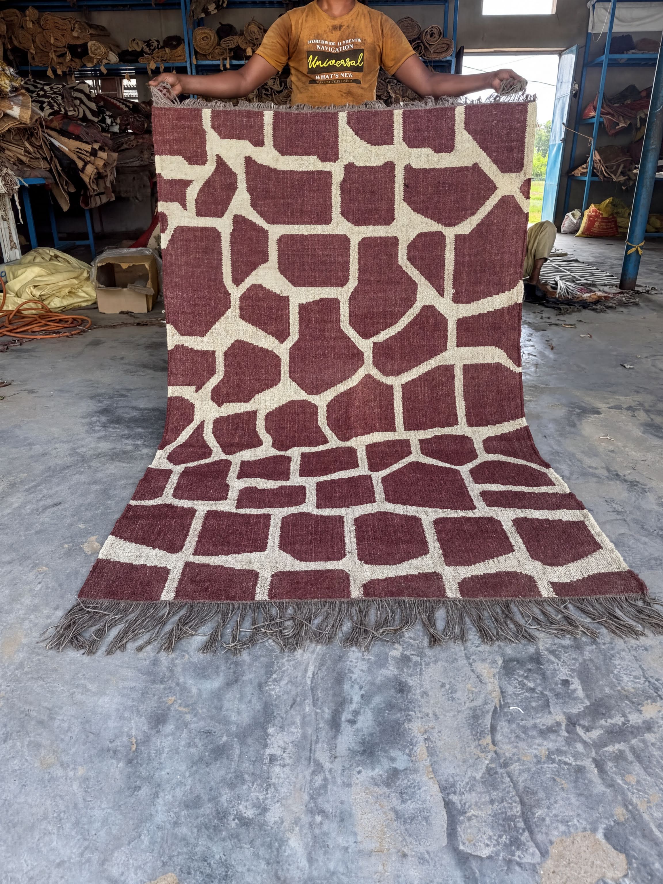 A person is holding up a large, patterned rug with a giraffe design in a room with various items and furniture.