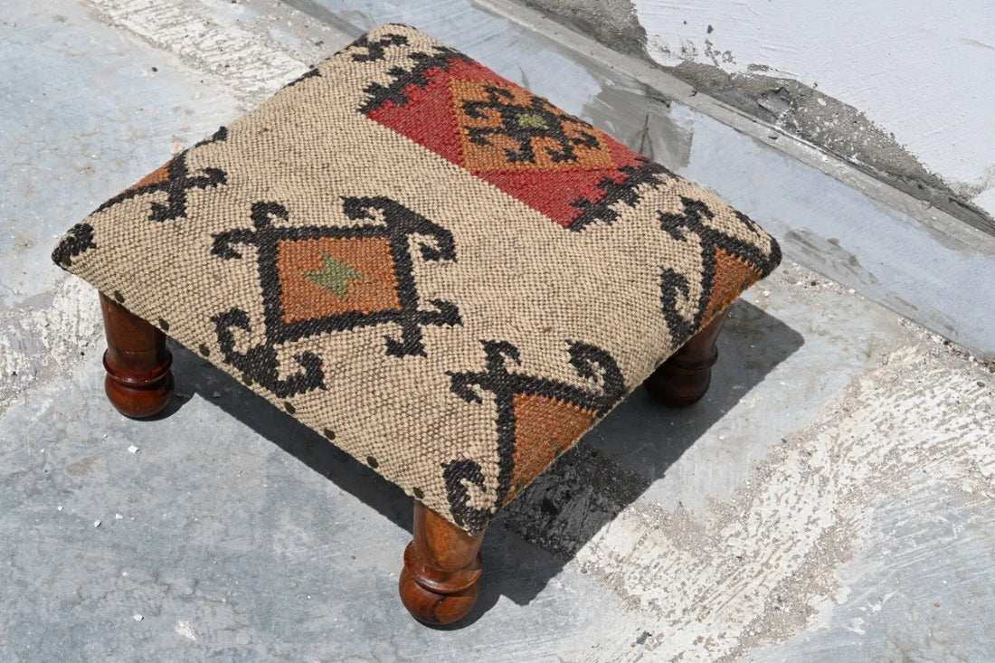Handmade Southwestern Kilim Ottoman Footstool | Wool Jute Upholstered Tribal Accent Stool with Solid Wooden Legs for Living Room