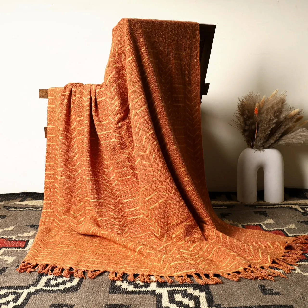 Sanwariya Rugs Burnt Orange Geometric Woven Throw Blanket with Fringe