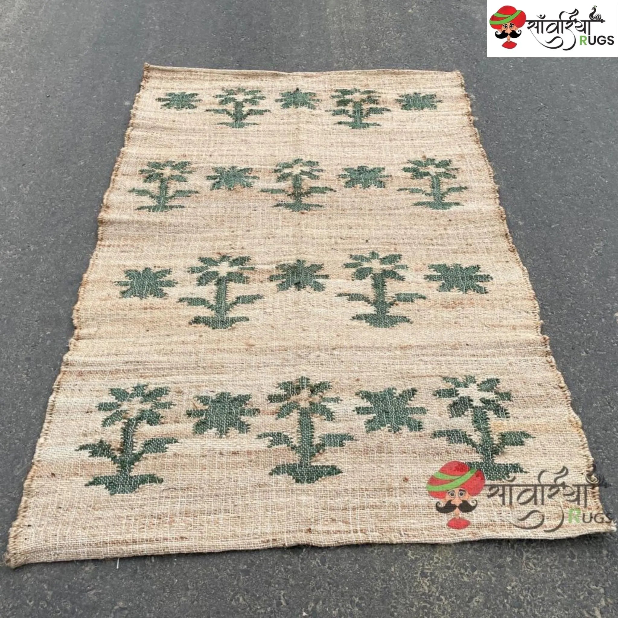 Green Leaf Stonewashed Cotton Jute Bohemian Rug