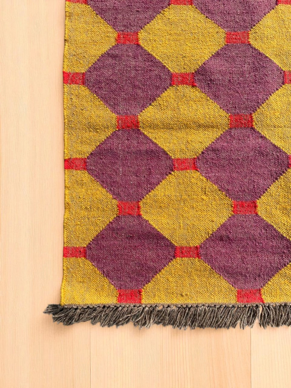 Handwoven Cotton Flatweave Rug with Fringes – Yellow & Maroon Geometric Boho Carpet for Living Room, Bedroom & Hallway Décor