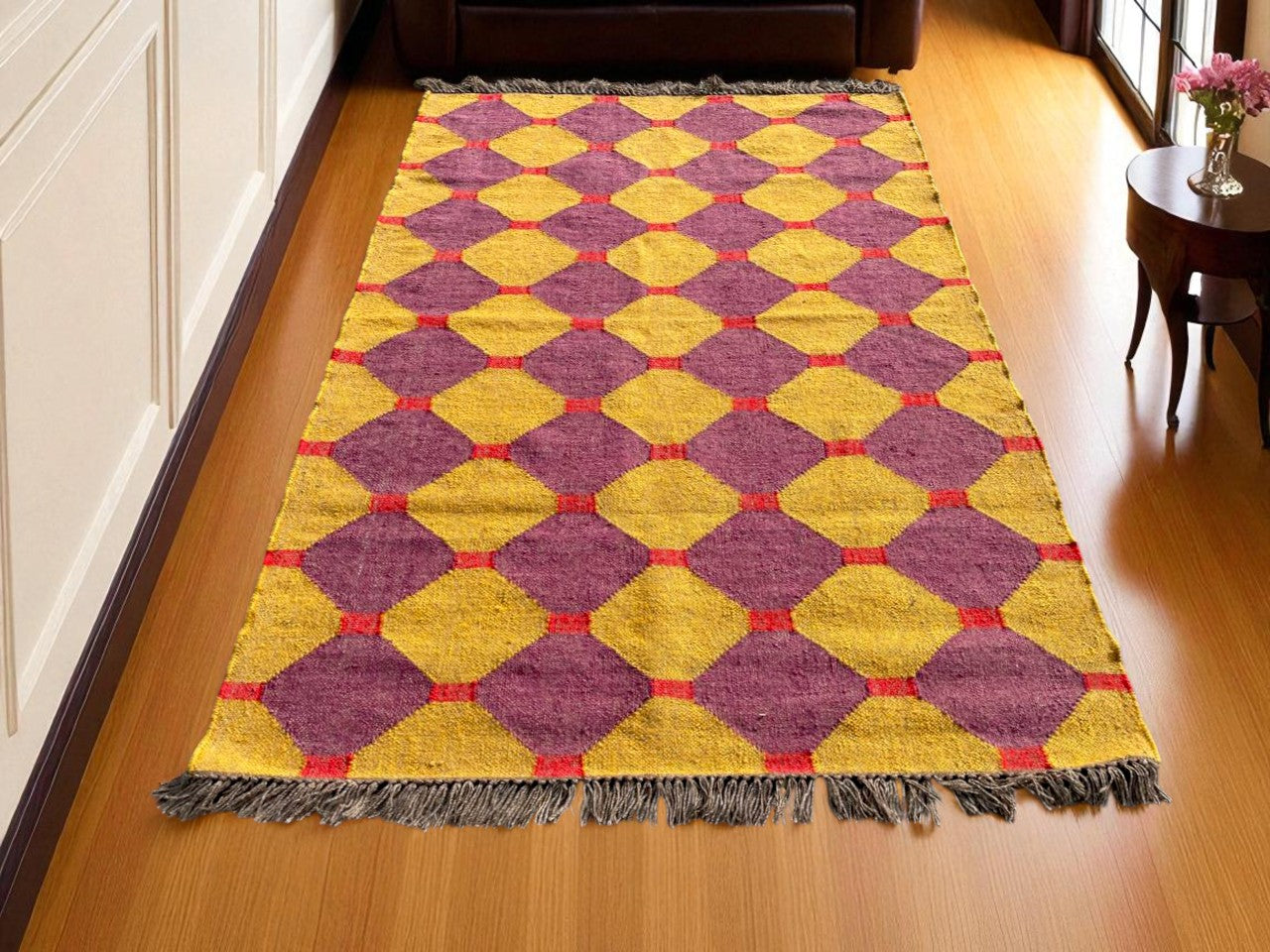 Handwoven Cotton Flatweave Rug with Fringes – Yellow & Maroon Geometric Boho Carpet for Living Room, Bedroom & Hallway Décor