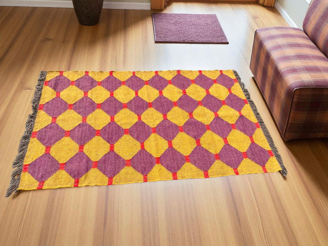 Handwoven Cotton Flatweave Rug with Fringes – Yellow & Maroon Geometric Boho Carpet for Living Room, Bedroom & Hallway Décor