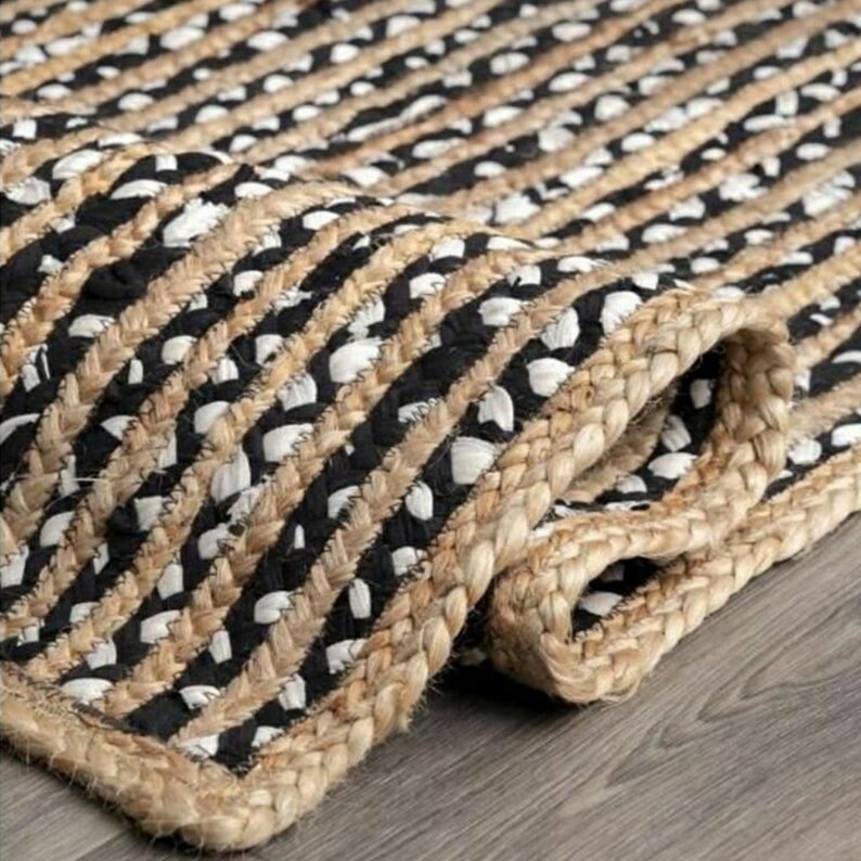 Braided Handmade Natural Jute with black Color chindi Rectangle Rug Eco Friendly Pure Vegan