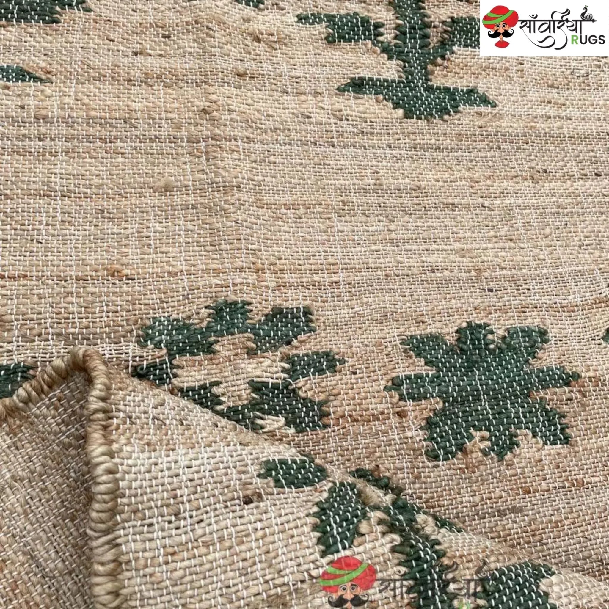Green Leaf Stonewashed Cotton Jute Bohemian Rug