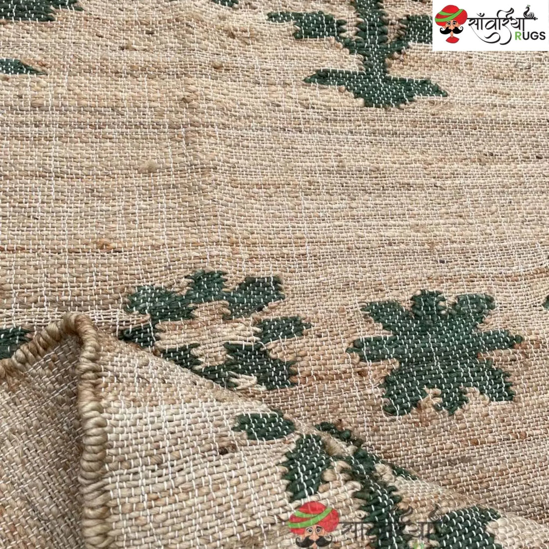 Green Leaf Stonewashed Cotton Jute Bohemian Rug