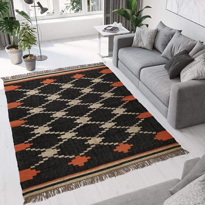 Handwoven Kilim Wool Jute Rug Geometric Pattern, Non-Slip, Versatile for Living, Bedroom & Kids Room