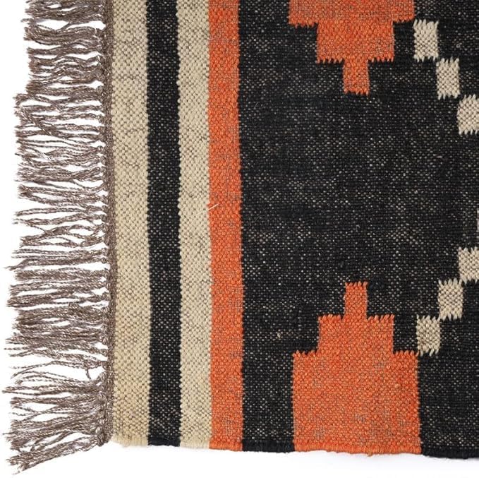 Handwoven Kilim Wool Jute Rug Geometric Pattern, Non-Slip, Versatile for Living, Bedroom & Kids Room
