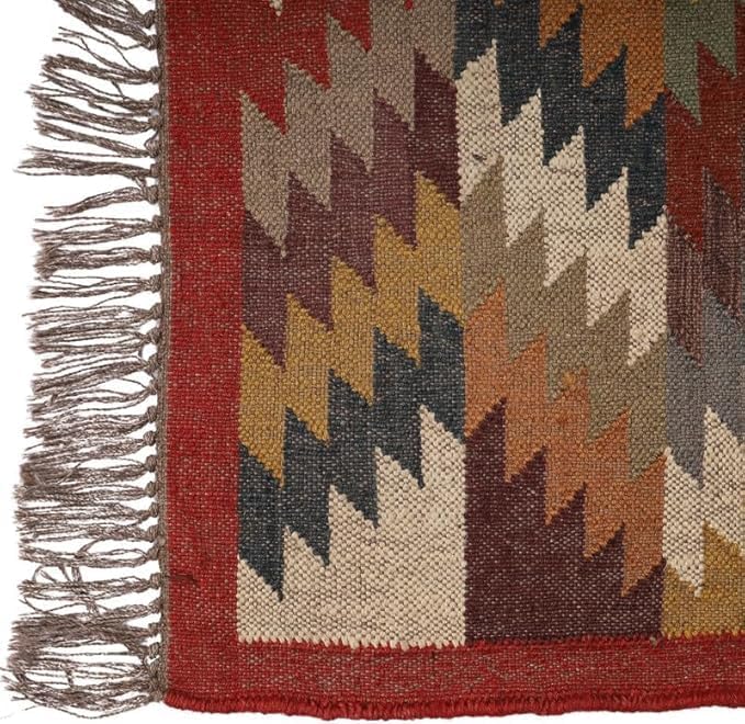 Handwoven Kilim Wool Jute Rug Geometric Pattern, Non-Slip, Versatile for Living, Bedroom & Kids Room