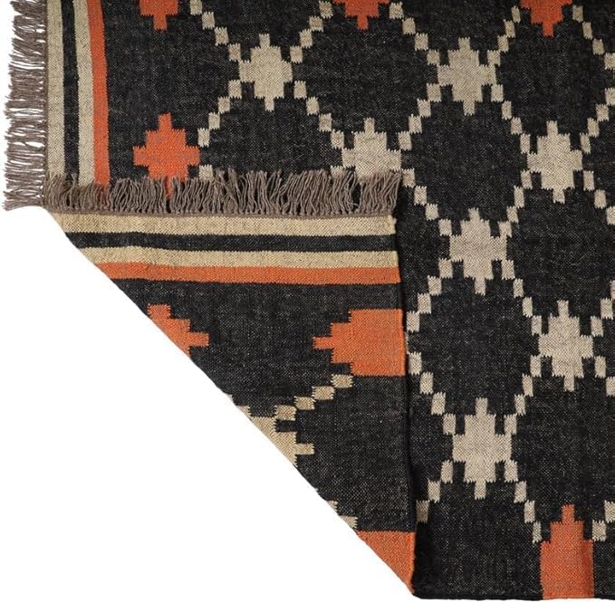 Handwoven Kilim Wool Jute Rug Geometric Pattern, Non-Slip, Versatile for Living, Bedroom & Kids Room